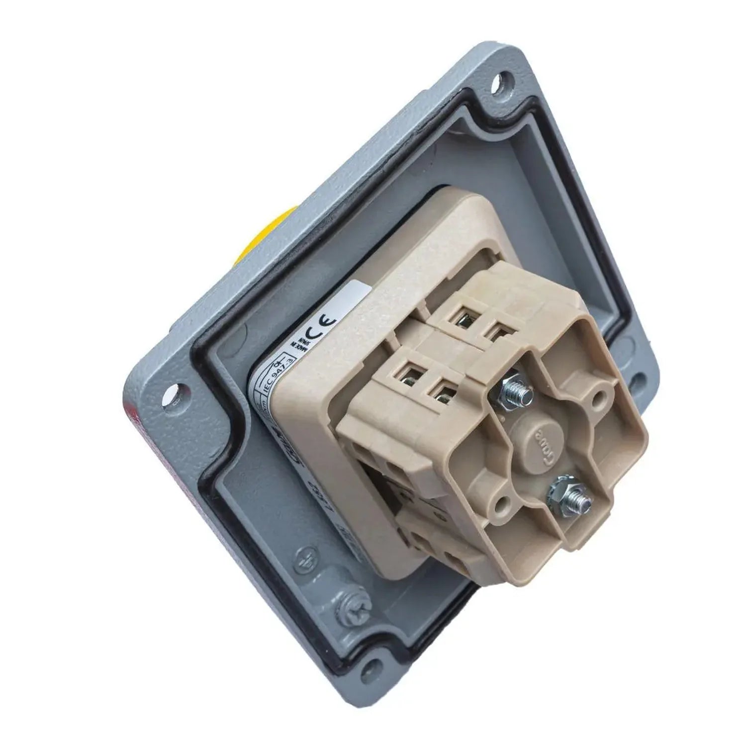 Fire-rated AC switch disconnector shown disassembled, displaying gray outer casing, beige internal switching mechanism, and t