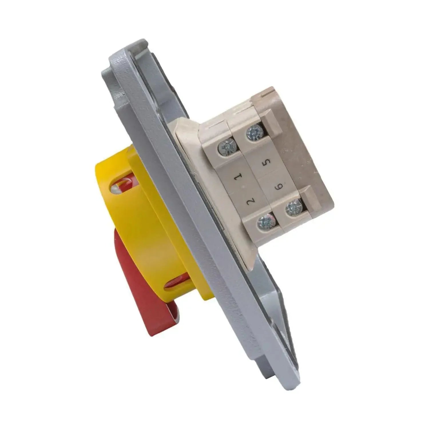Fire-rated AC switch disconnector with gray faceplate, cream terminal block, yellow and red lever handle, mounted on white ba