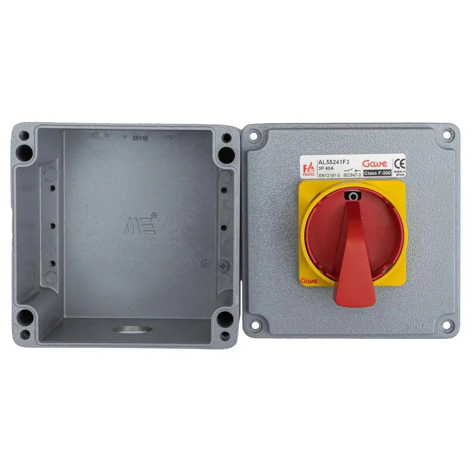 Two-part product view showing empty gray housing on left and assembled red and yellow rotary disconnect switch with specifica