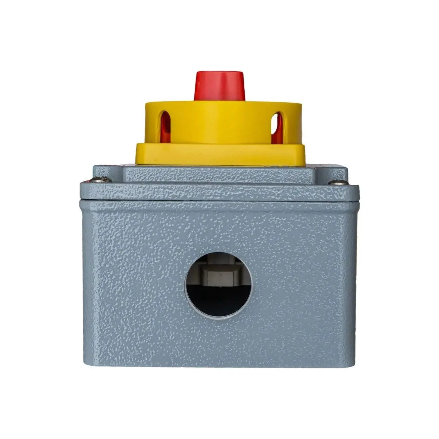 Gray fire-rated switch disconnector with yellow mechanism and red push button on top, front view product shot.