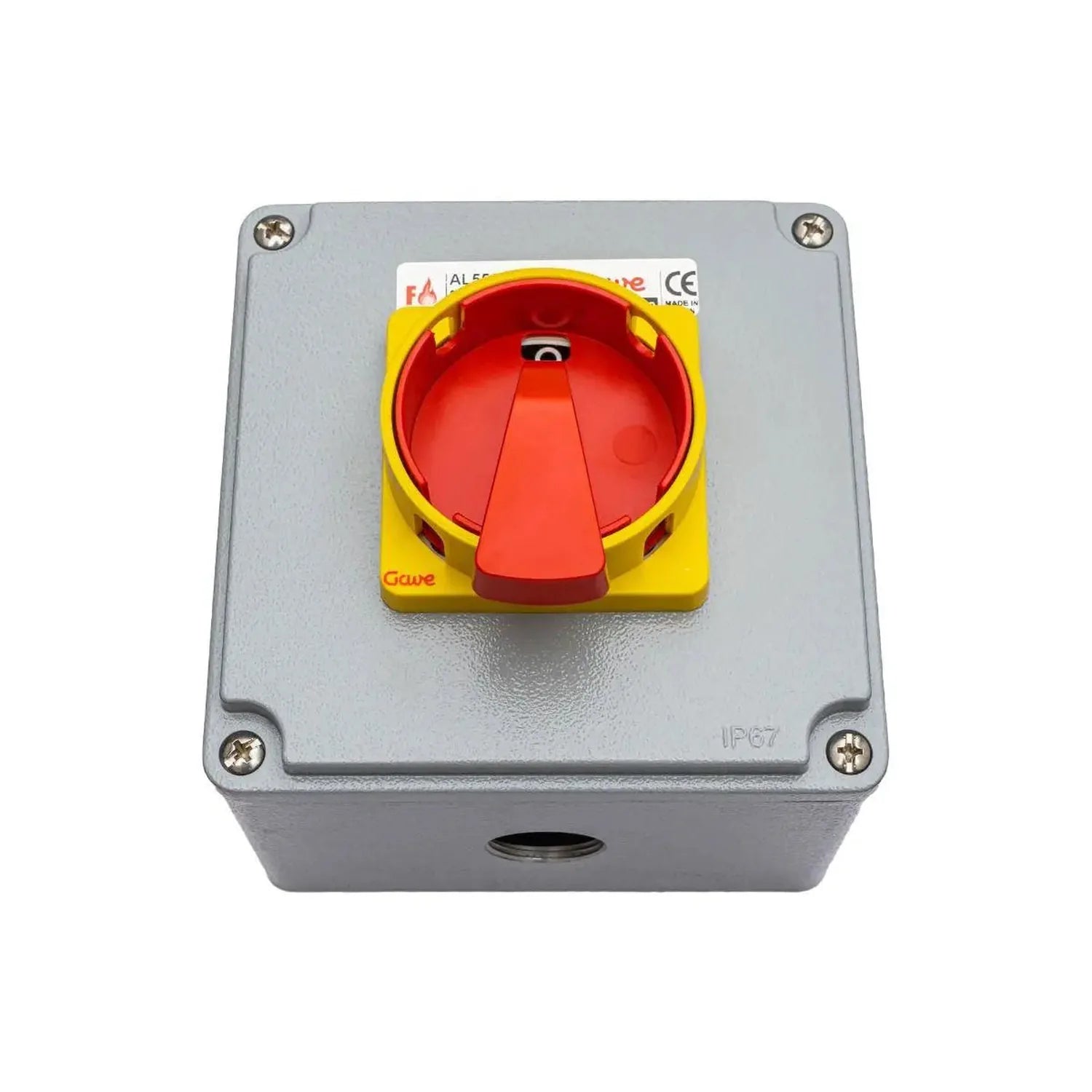 Fire-rated AC switch disconnector with red handle and yellow bezel mounted on gray IP67 enclosure box.