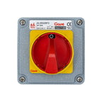 Gawe AL55225F3 fire-rated switch disconnector with red handle on yellow and gray housing, IP67 rated, made in Spain.