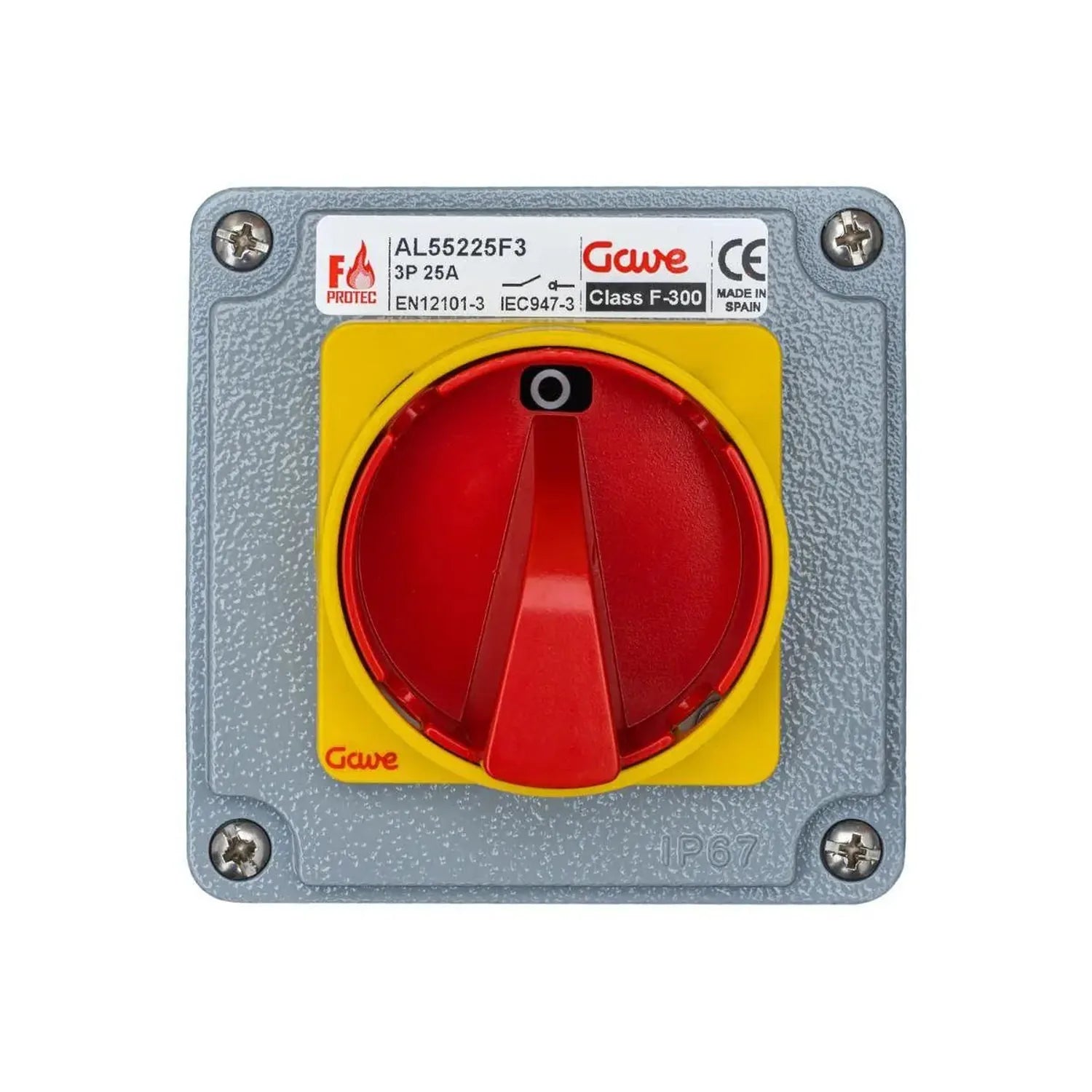 Gawe AL55225F3 fire-rated switch disconnector with red handle on yellow and gray housing, IP67 rated, made in Spain.