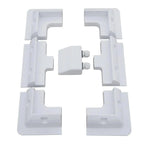 White ABS plastic solar panel mounting bracket kit with six corner brackets and central connector piece with adjustment screw