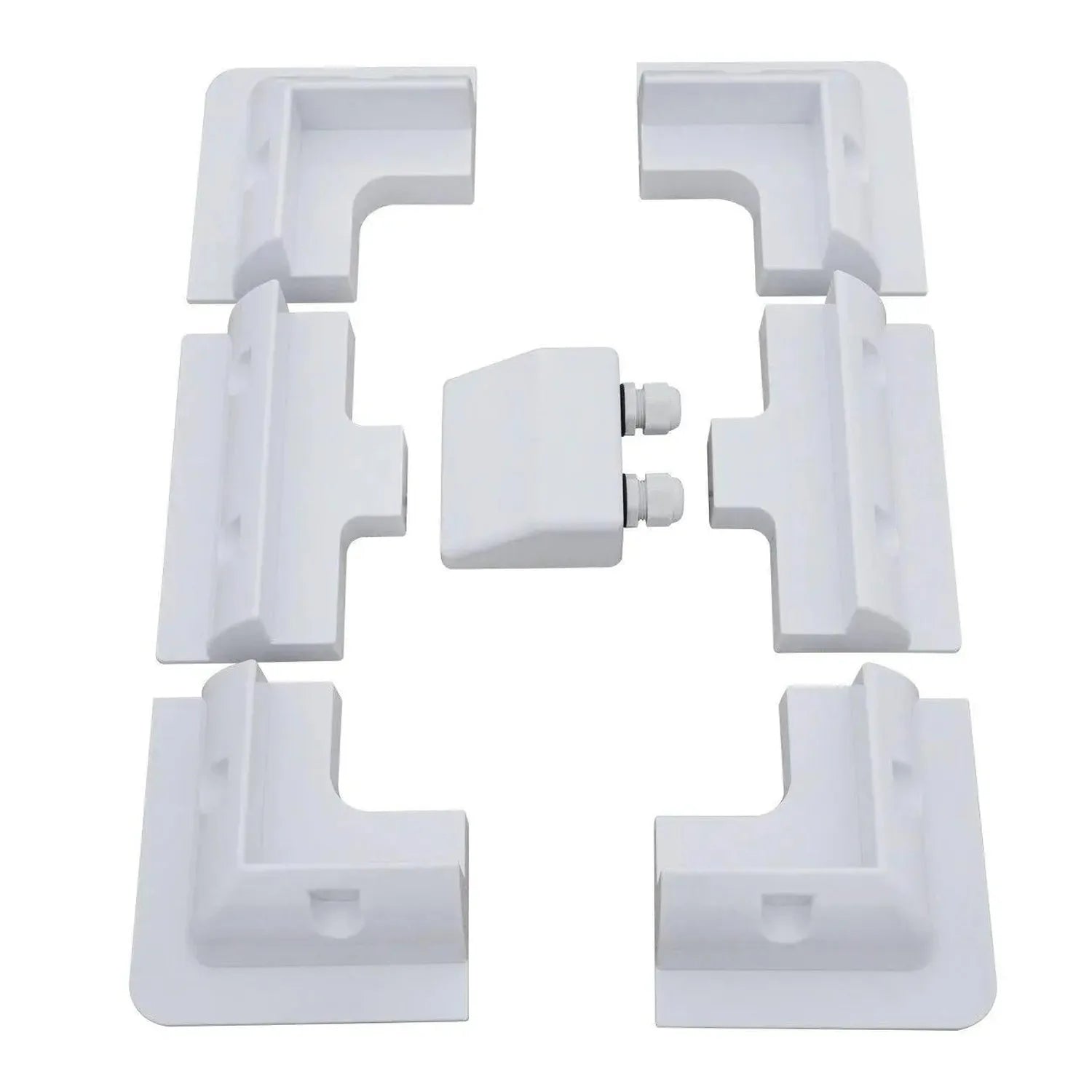 White ABS plastic solar panel mounting bracket kit with six corner brackets and central connector piece with adjustment screw