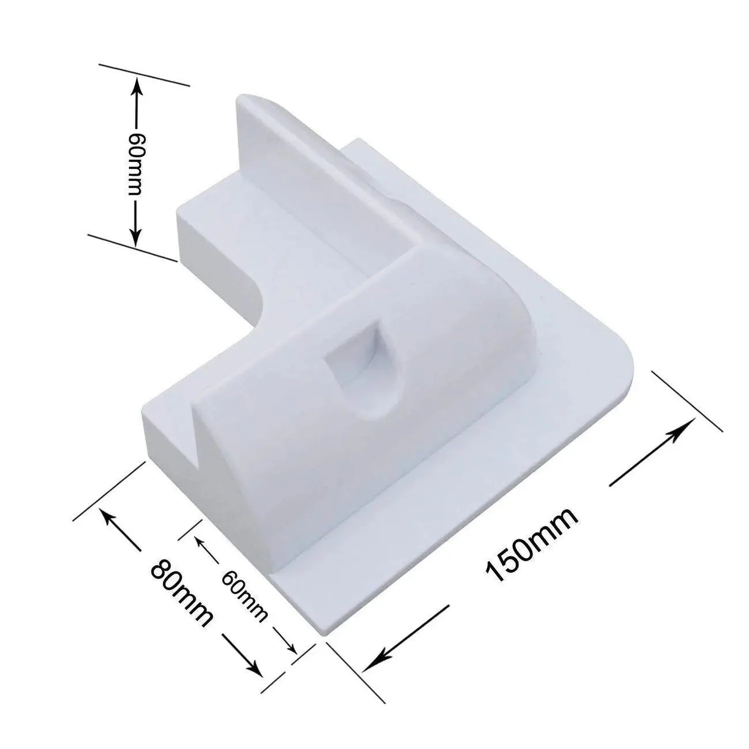 White ABS plastic solar panel mounting bracket with dimensions labeled: 150mm length, 80mm width, 60mm depth, and 109mm heigh