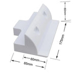 White ABS solar panel mounting bracket with dimensions shown: 85mm width, 60mm depth, 175mm and 90mm heights, drill-free 7-pi