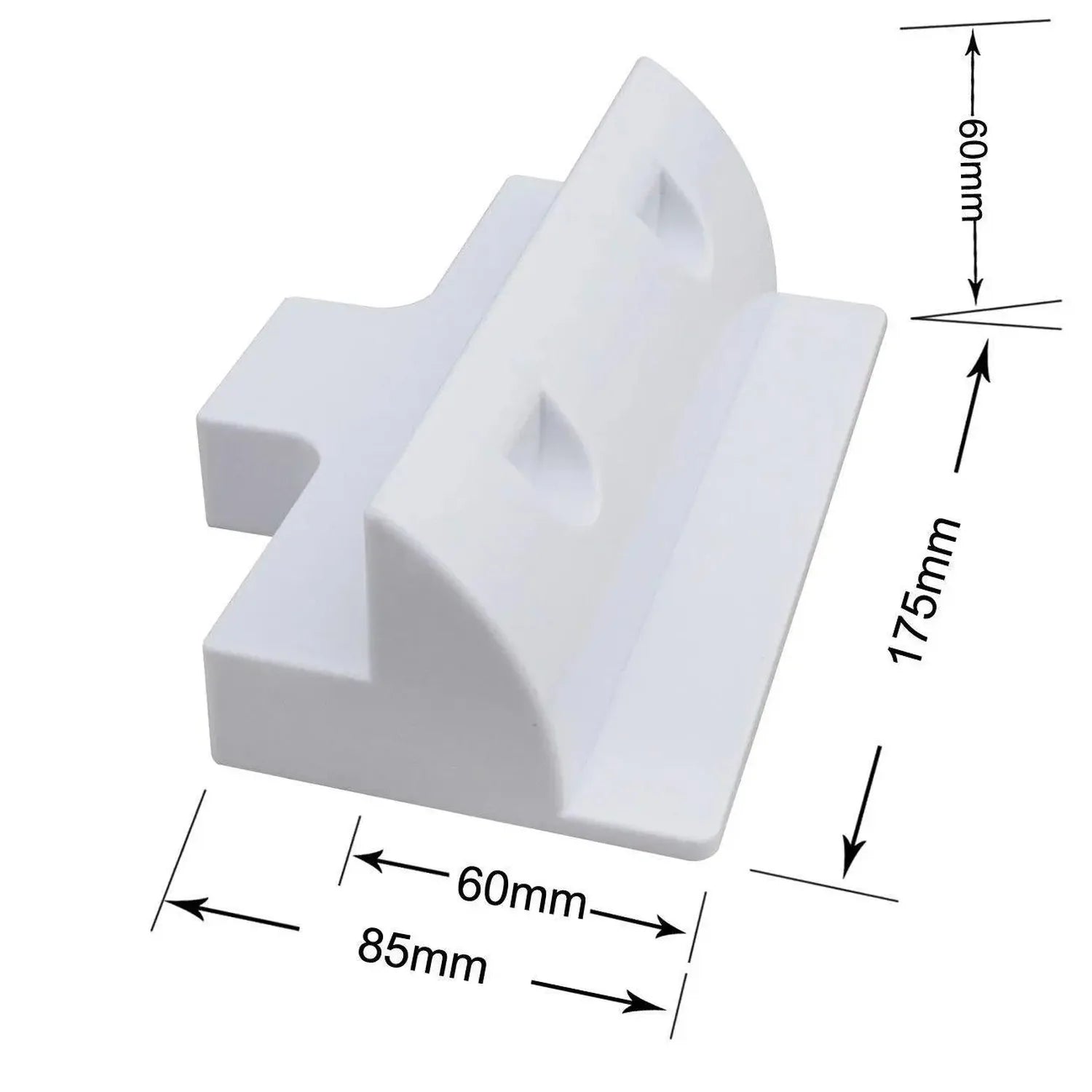 White ABS solar panel mounting bracket with dimensions shown: 85mm width, 60mm depth, 175mm and 90mm heights, drill-free 7-pi