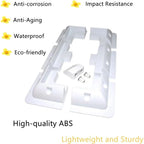White ABS mounting bracket kit with angled supports and connectors displayed with feature callouts for anti-corrosion, impact