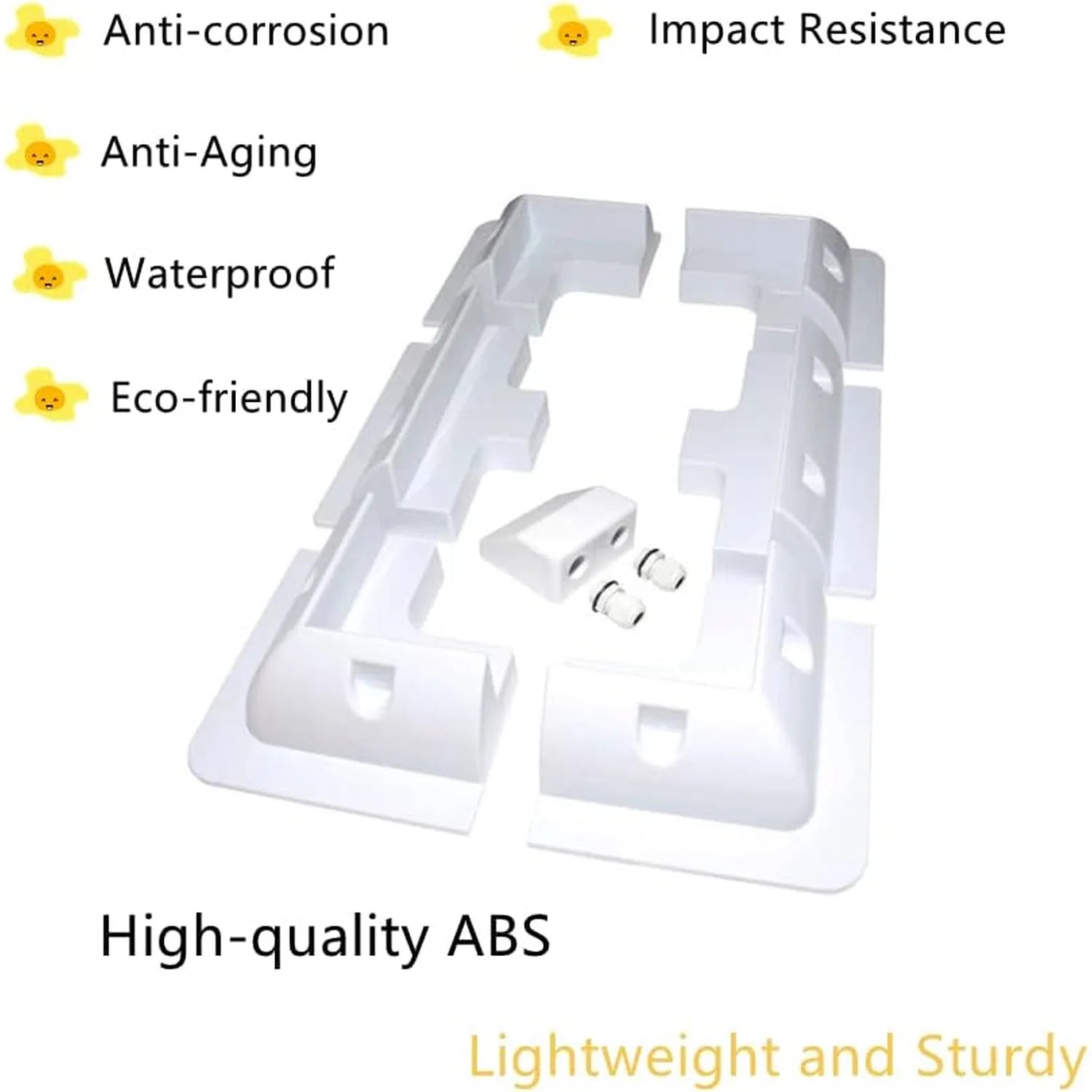 White ABS mounting bracket kit with angled supports and connectors displayed with feature callouts for anti-corrosion, impact