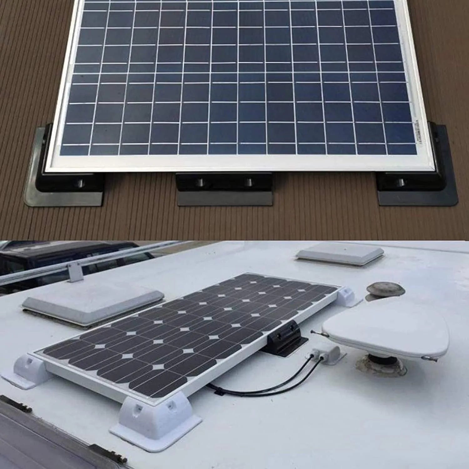Solar panel mounting bracket kit showing installation example on white RV roof with two panels mounted using white ABS bracke