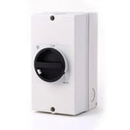 White weatherproof DC isolator switch with black rotary dial marked ON, rated IP66/IP67, mounted on enclosure with cable entr