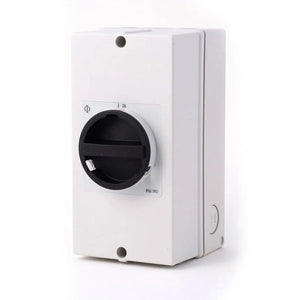 White weatherproof DC isolator switch with black rotary dial marked ON, rated IP66/IP67, mounted on enclosure with cable entr