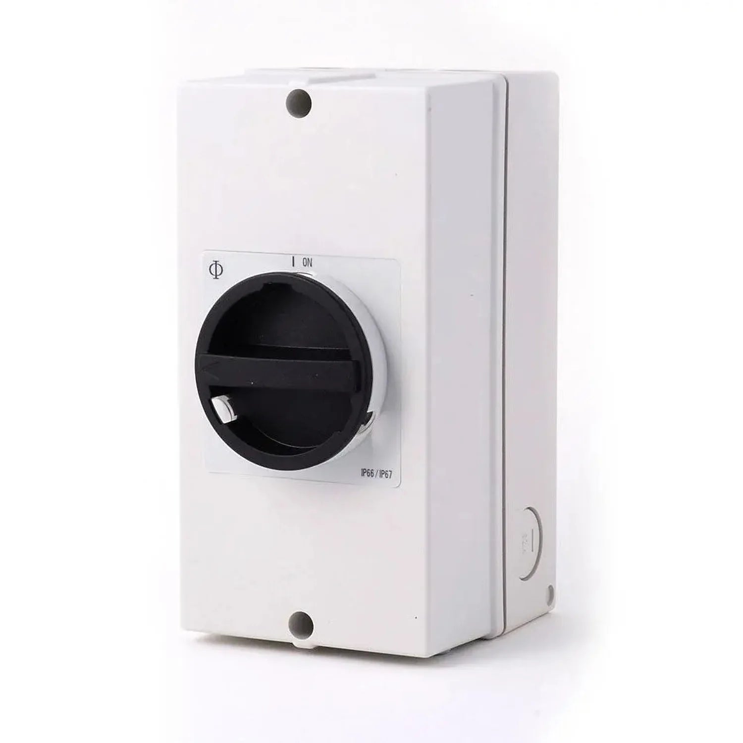 White IP66/IP67 rated DC switch disconnector with black rotary knob labeled ON, mounted on exterior wall box with cable entry