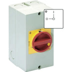 Red and yellow rotary disconnect switch in white enclosure with ON/OFF positions and schematic diagram inset.