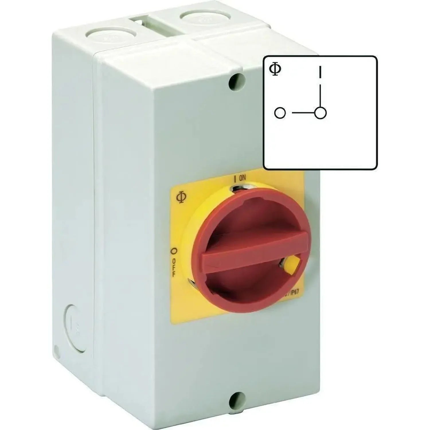 Red and yellow rotary disconnect switch in white enclosure with ON/OFF positions and schematic diagram inset.