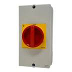 Red and yellow industrial disconnect switch with ON/OFF lever in gray weatherproof enclosure, rated IP66/IP67.
