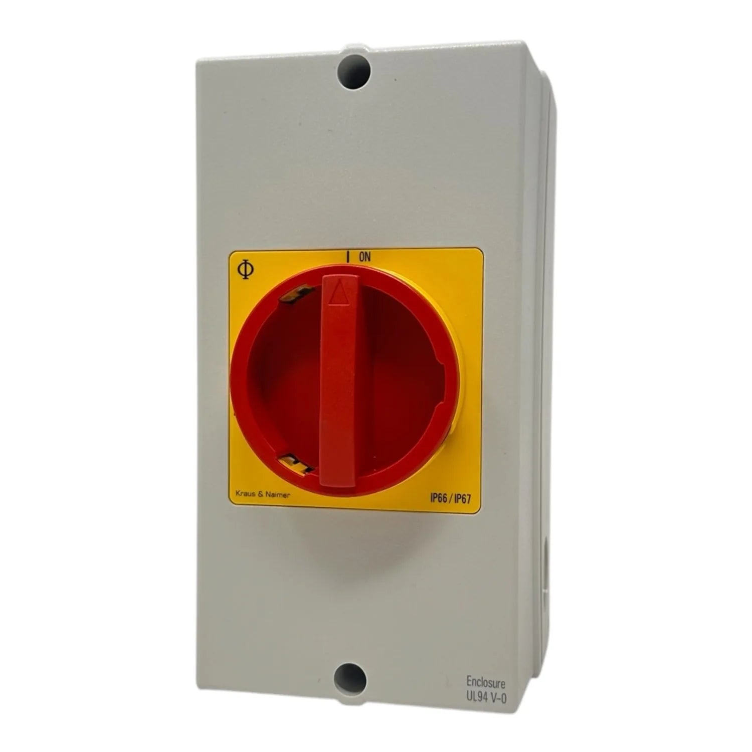 Red and yellow industrial disconnect switch with ON/OFF lever in gray weatherproof enclosure, rated IP66/IP67.