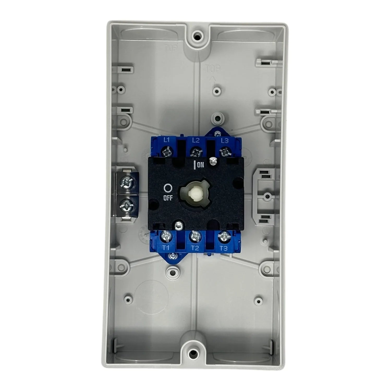 Interior view of AC switch disconnector showing blue terminal blocks labeled L1, L2, L3 and T1, T2, T3, with ON/OFF toggle sw