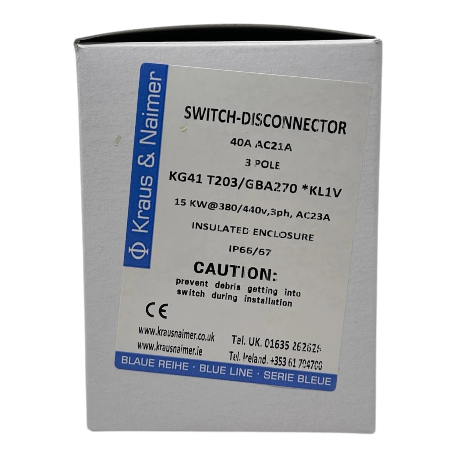 Kraus & Naimer switch-disconnector product packaging box with specifications label visible.