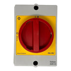 Red and yellow AC switch disconnector with ON/OFF lever, mounted in gray enclosure, IP66/IP67 rated, by Kraus & Naimer.