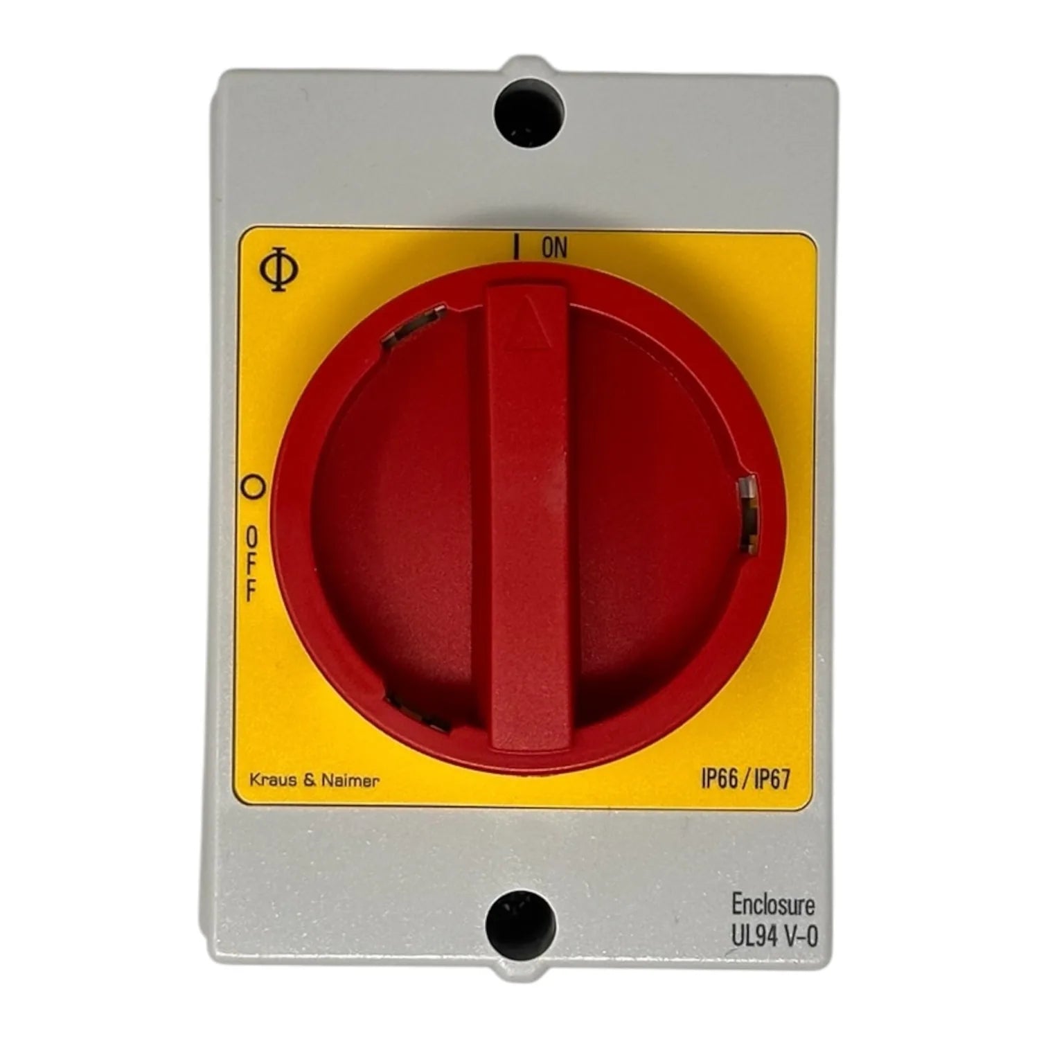 Red and yellow AC switch disconnector with ON/OFF lever, mounted in gray enclosure, IP66/IP67 rated, by Kraus & Naimer.