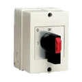 White enclosed 2-pole changeover switch with black handle and red grip, showing OFF and numbered positions on cream faceplate