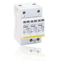 White Gawé PV-40 surge protection device with two poles, yellow stripe, and terminal connections mounted on DIN rail.