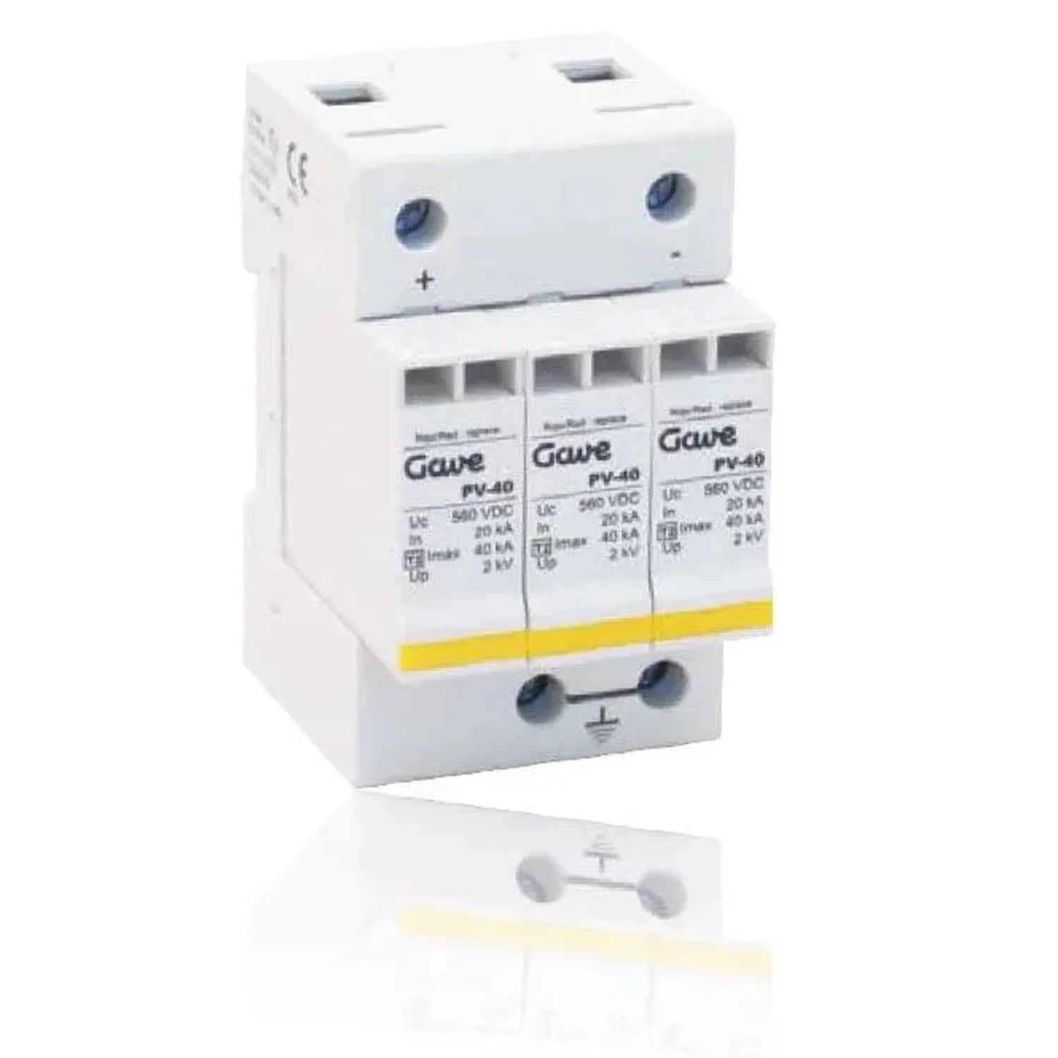White Gawé PV-40 surge protection device with two poles, yellow stripe, and terminal connections mounted on DIN rail.