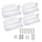 Four white aluminum mounting brackets with hardware kit including screws, washers, and bolts for solar panel installation.