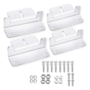 Four white aluminum mounting brackets with hardware kit including screws, washers, and bolts for solar panel installation.