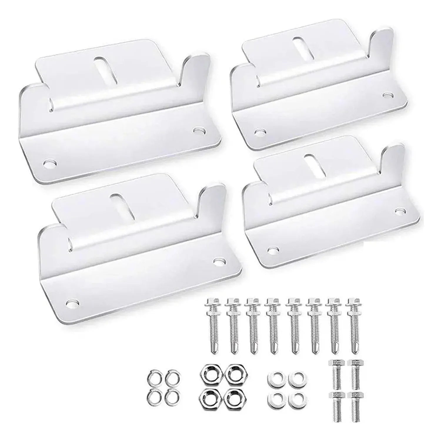 Four white aluminum mounting brackets with hardware kit including screws, washers, and bolts for solar panel installation.