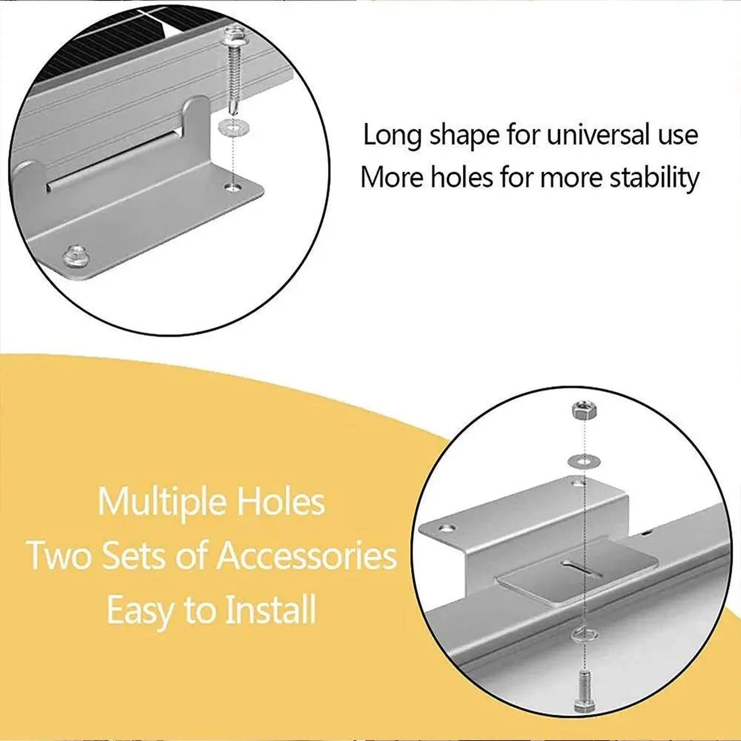 Solar panel Z bracket with long shape design, multiple mounting holes, and stainless steel hardware for universal installatio