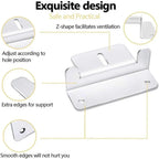 White aluminum Z-bracket mounting kit shown with four circular detail callouts highlighting adjustable positioning, ventilati