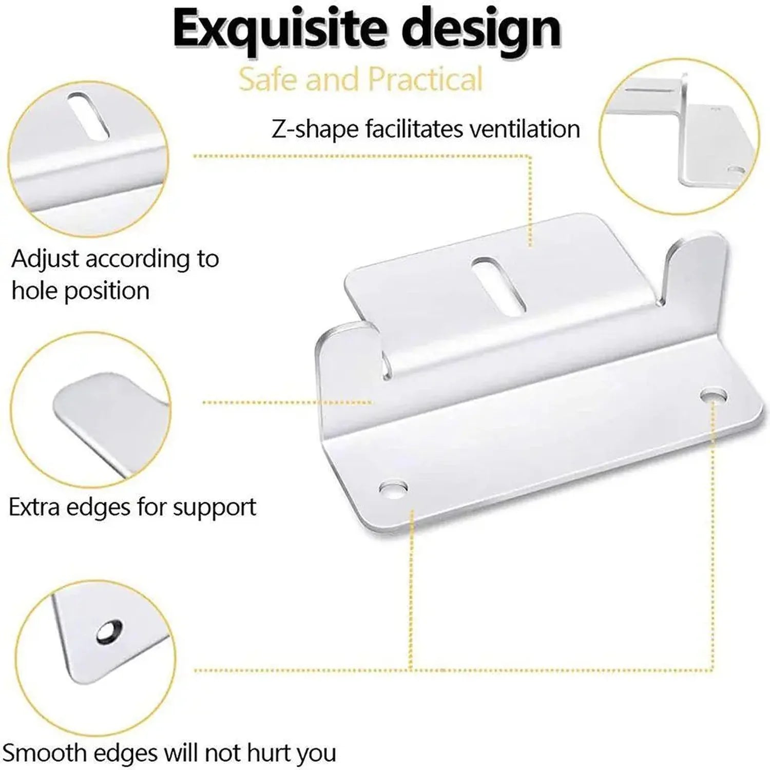 White aluminum Z-bracket mounting kit shown with four circular detail callouts highlighting adjustable positioning, ventilati