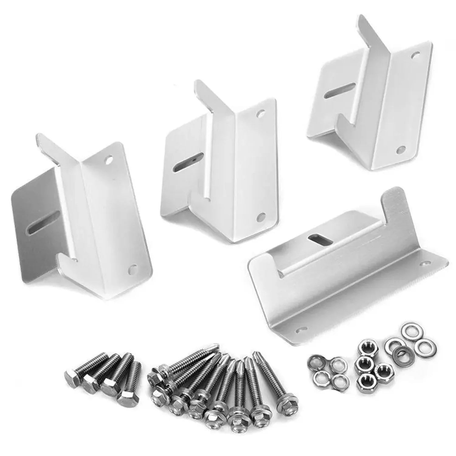 Four white aluminum mounting brackets with angled flanges, plus stainless steel bolts and washers for solar panel installatio