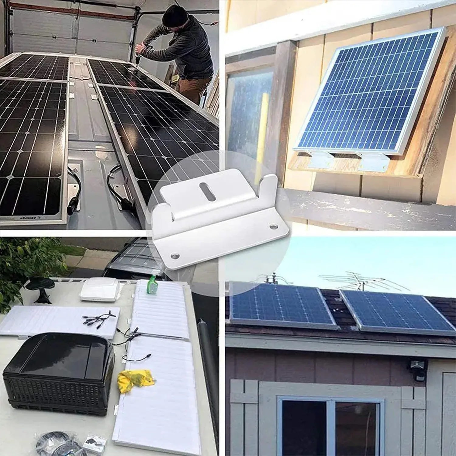 Solar panel mounting bracket installation guide showing garage installation, white aluminum bracket detail, roof-mounted pane