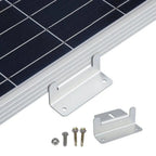 Solar panel mounting kit showing four aluminum brackets and stainless steel hardware including bolts and nuts.