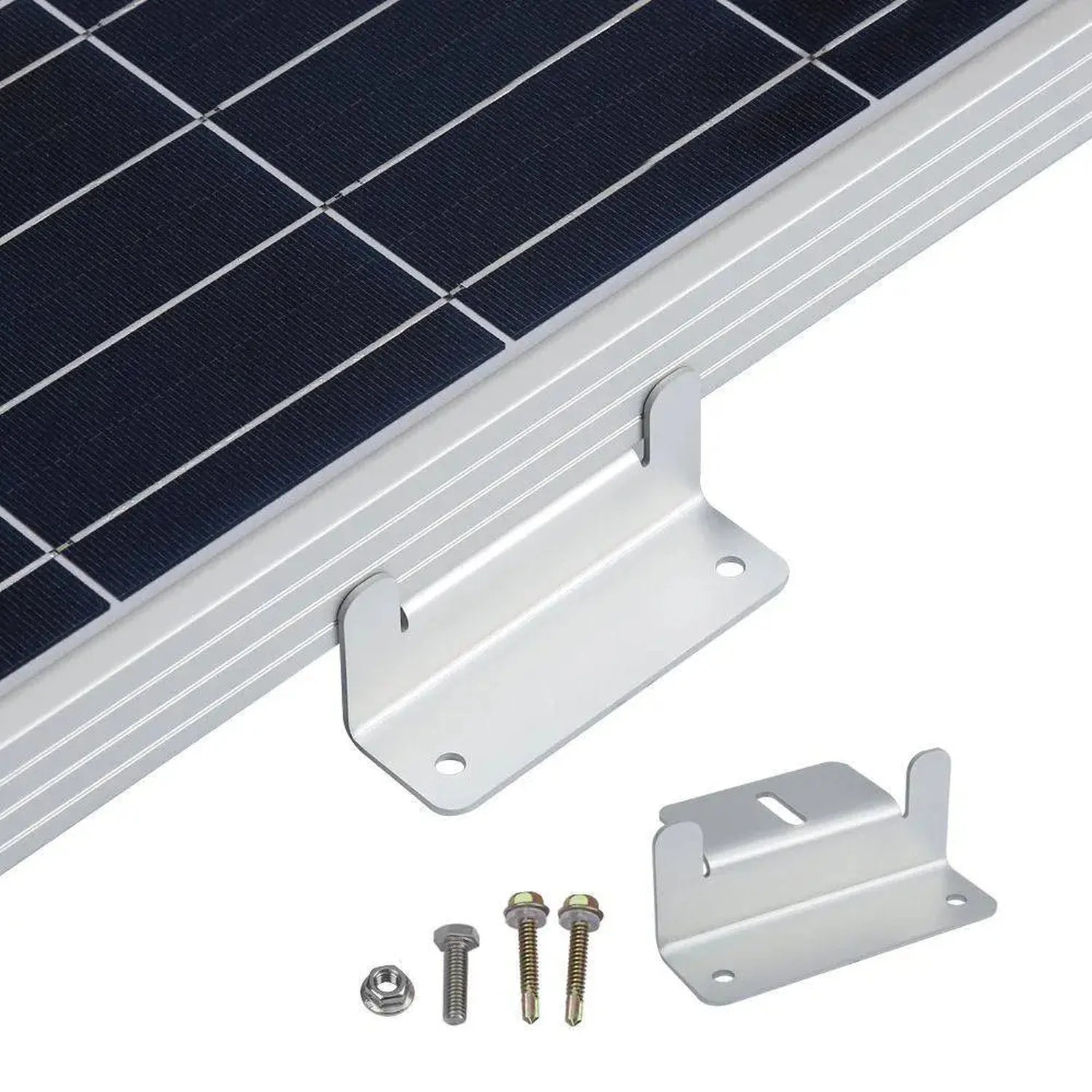 Solar panel mounting kit showing four aluminum brackets and stainless steel hardware including bolts and nuts.