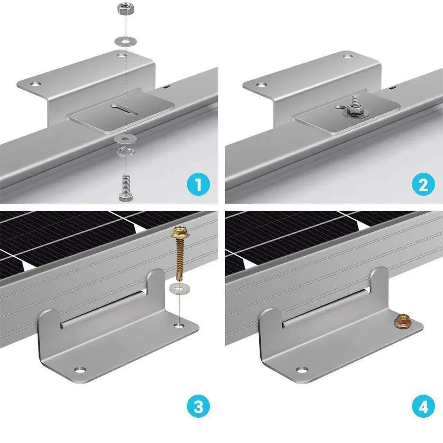 Solar panel Z bracket mounting kit installation steps 1-4, showing bolt assembly and attachment to aluminum rail with solar p