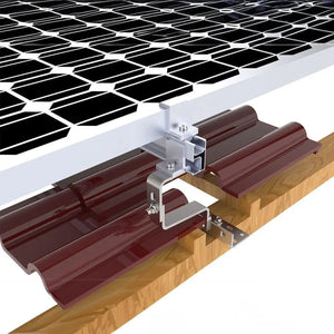 Tile roof solar mounting system with dark red hooks, aluminum rails, and metal brackets securing panels to wooden roof substr