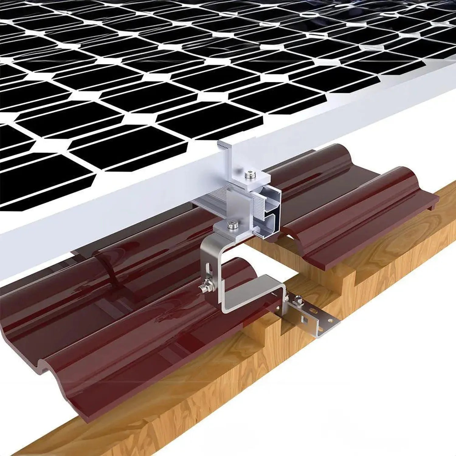 Tile roof solar mounting system with dark red hooks, aluminum rails, and metal brackets securing panels to wooden roof substr