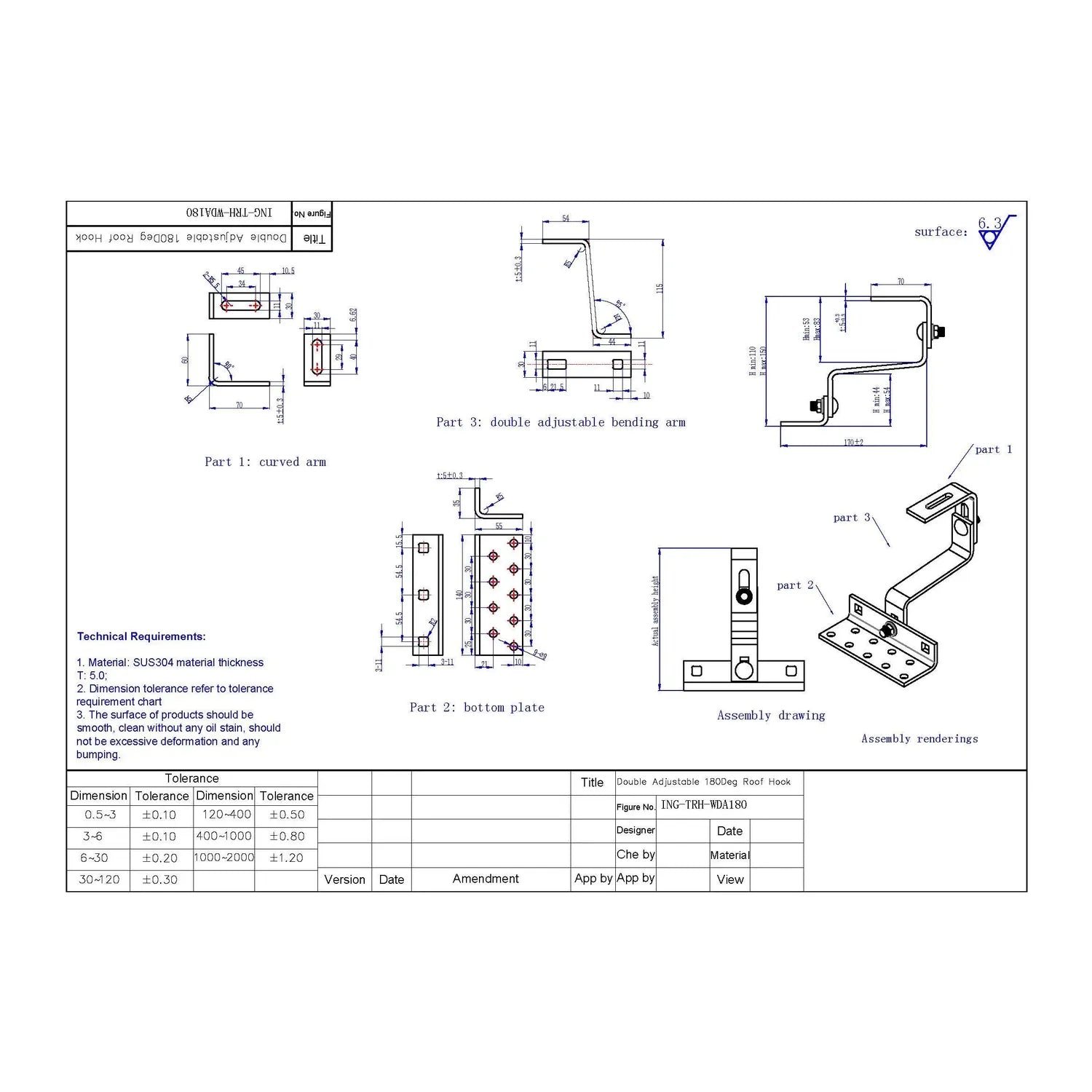 Technical blueprint showing double adjustable roof hook assembly with three component parts, dimensions, tolerances, and 3D a
