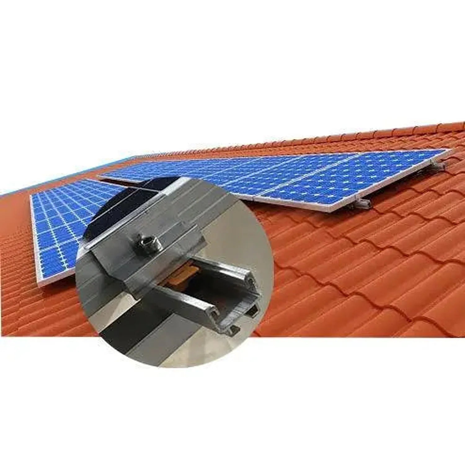 Solar panel roof mounting bracket installed on red tile roof with close-up detail view of metal clamp attachment hardware.