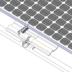 Isometric installation diagram showing solar panel mounting hardware clamps and rails positioned on a tiled roof section.