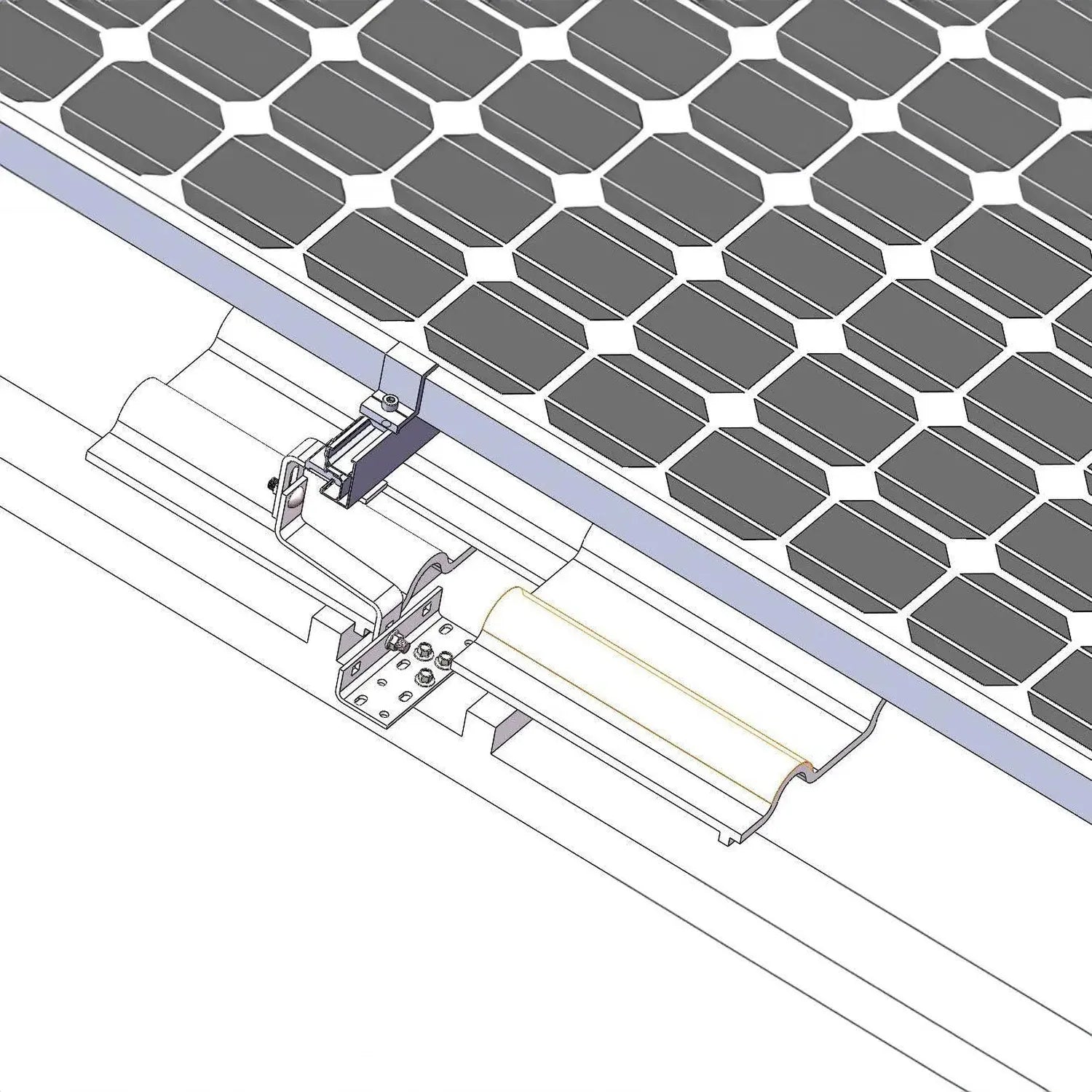 Isometric installation diagram showing solar panel mounting hardware clamps and rails positioned on a tiled roof section.