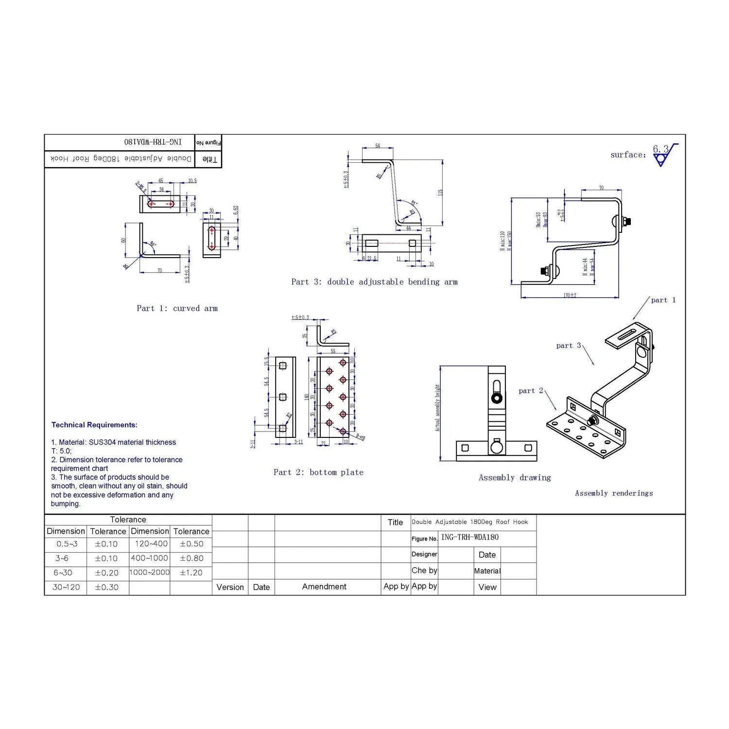Technical engineering drawing showing three metal components and assembly instructions for a double adjustable roof hook moun