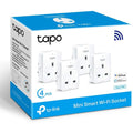 TP-Link Tapo P100 Mini Smart Wi-Fi Socket 4-pack box showing four white smart plugs and compatibility logos for Alexa and Goo