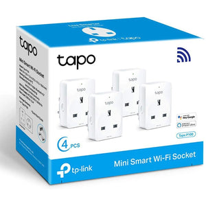 TP-Link Tapo P100 Mini Smart Wi-Fi Socket 4-pack box showing four white smart plugs and compatibility logos for Alexa and Goo