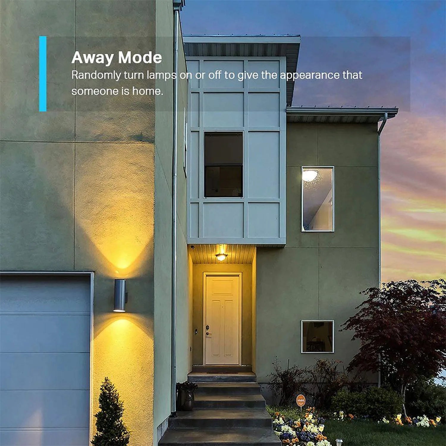 Modern home exterior at dusk with architectural lighting on facade and illuminated front door, demonstrating Away Mode smart 